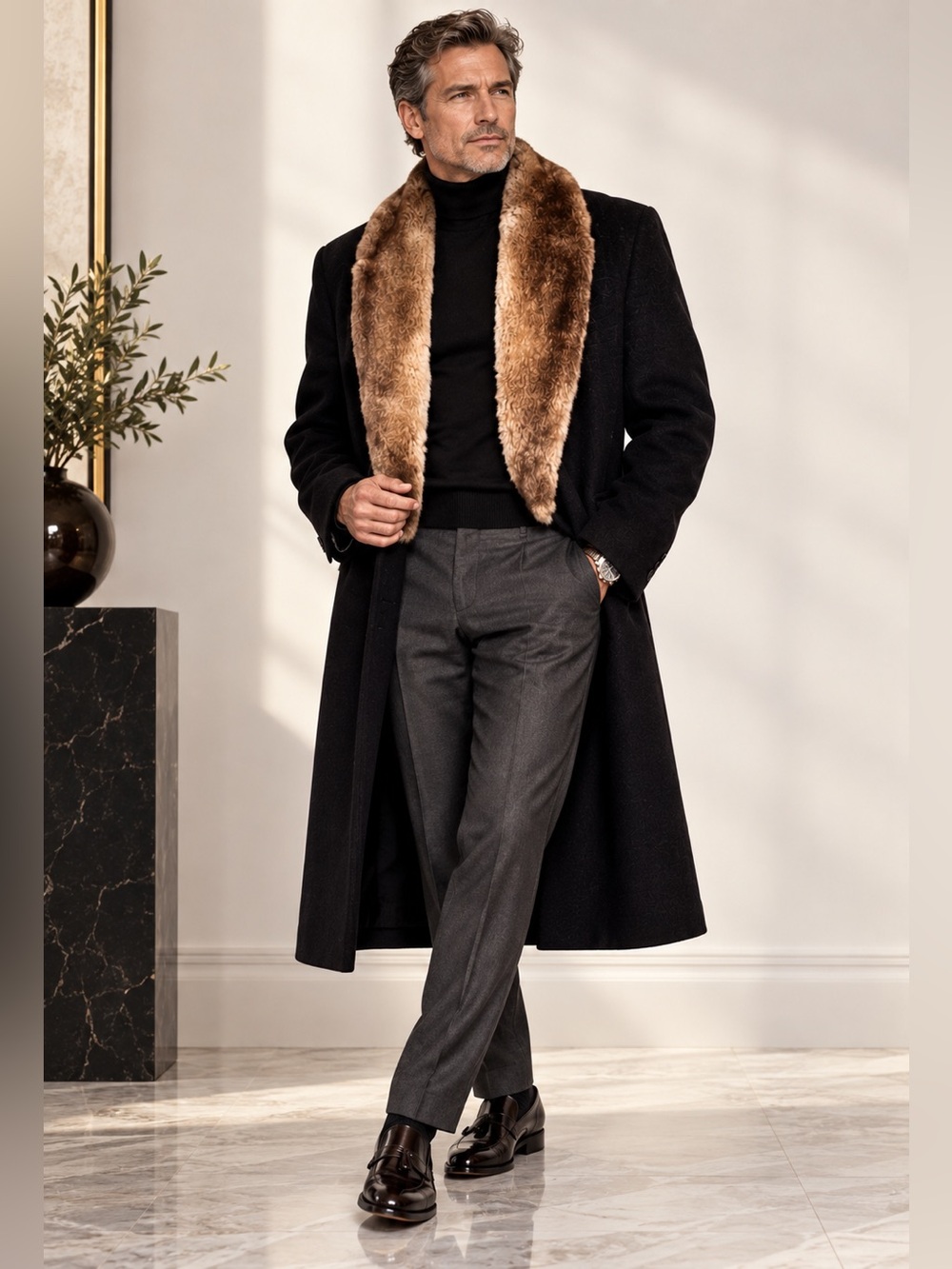 Cardinal Canada Men's Double-Breasted Wool Overcoat | Fur Collar | Navy | 40R - Picture 1 of 13